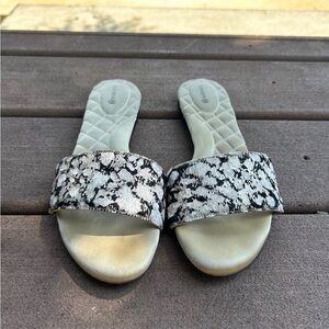 Birdies Women's Sandals - Black and Champagne Silver Calf Hair